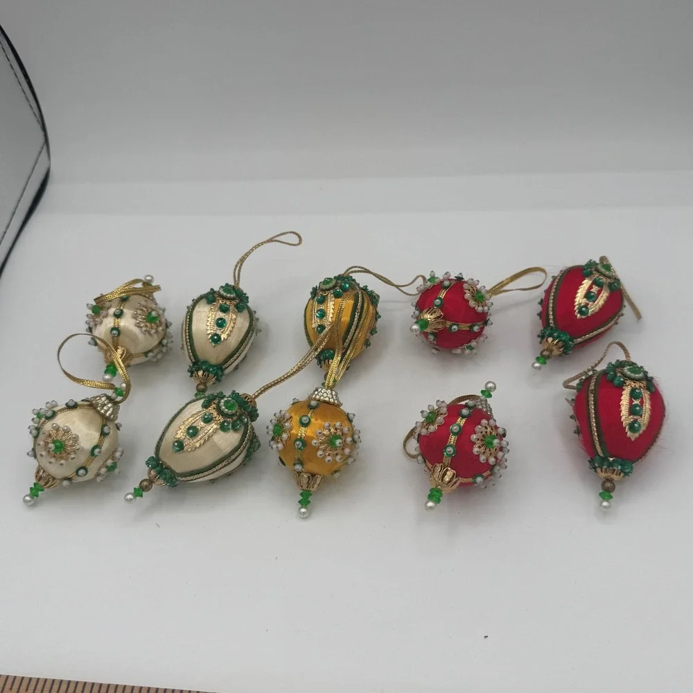 Vintage Handmade Satin Push Pin Christmas Ornaments Set of 10 Beaded Sequin Mid